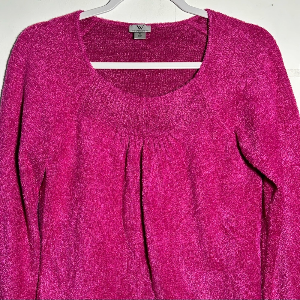 Worthington Fuchsia Scoop Neck Fuzzy Pink Shimmer Sweater Small Blouson Sleeve - Picture 5 of 13